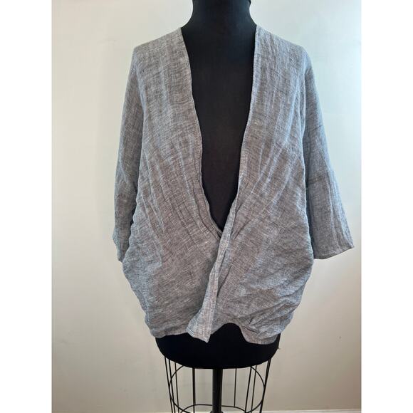 Kim Bernardin PARIS Lagenlook Gray Linen 3/4 Sleeve Tie Front Top Shrug M Medium - Picture 5 of 7